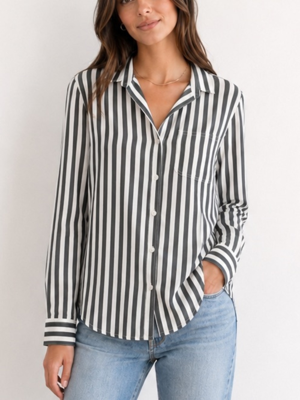 Velvet Heart Small Gray & White Vertical Stripe Button-Down Shirt